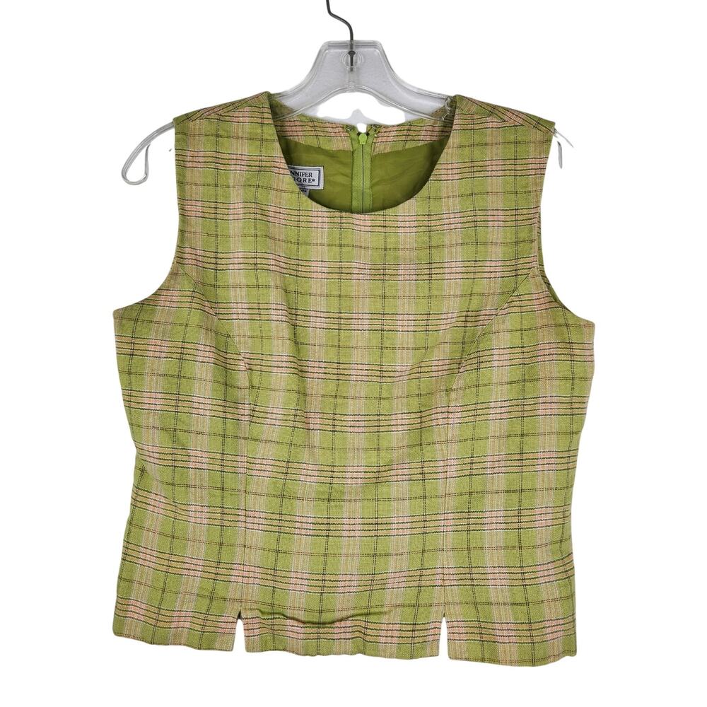 Jennifer Moore Green Plaid Sleeveless Blouse Linen Shell Size 4 Retro 70s 90s